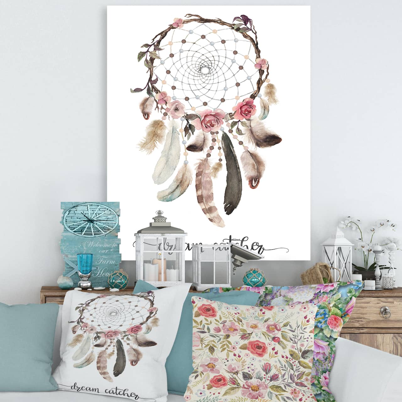 Designart - Dream Catcher With Ethnic Feathers - Bohemian & Eclectic Canvas Wall Art Print